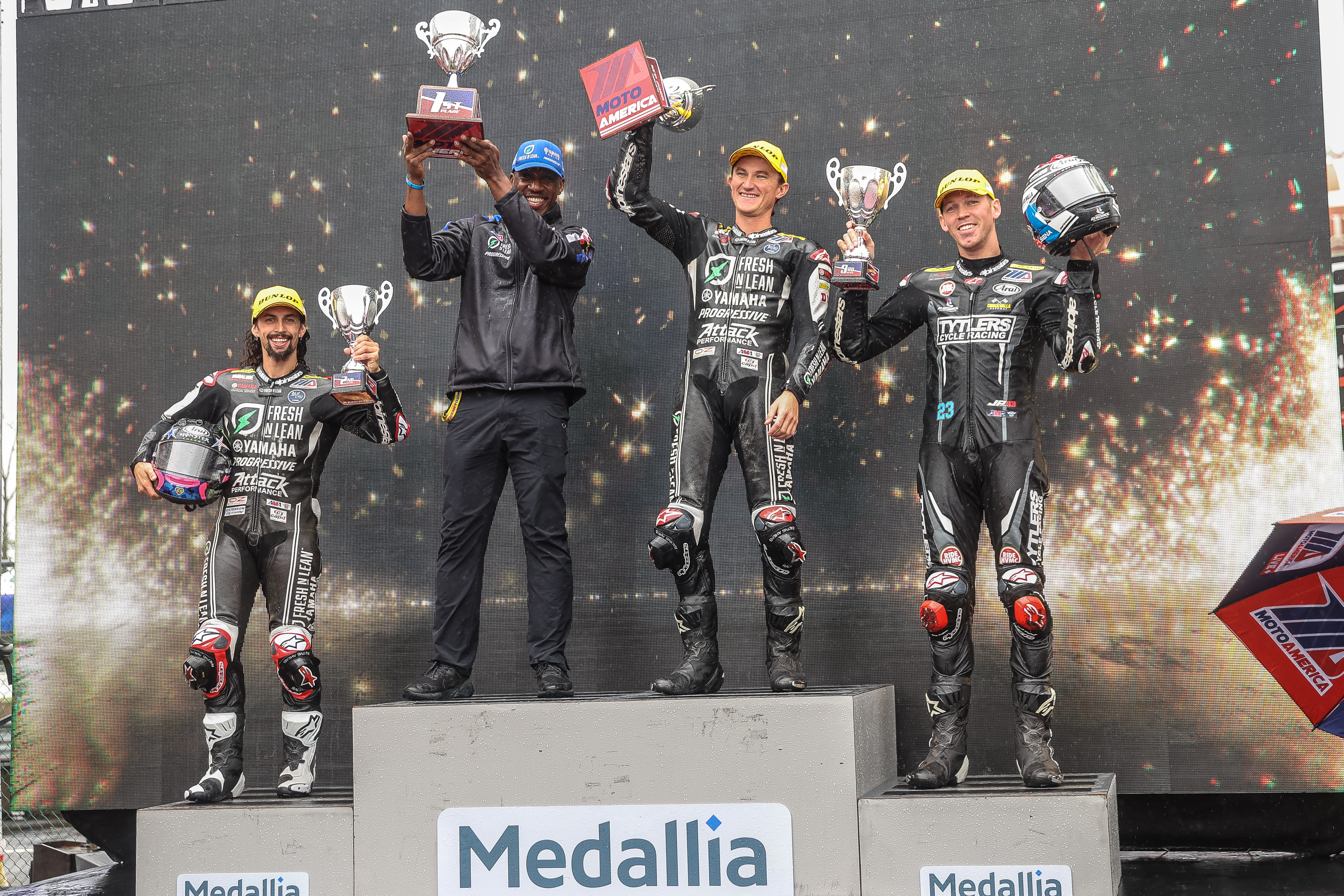 Fresh N Lean Progressive Yamaha Racing’s Jake Gagne and JD Beach score a stellar 1-2 finish in the opening race of the MotoAmerica Superbike season finale at New Jersey Motorsports Park