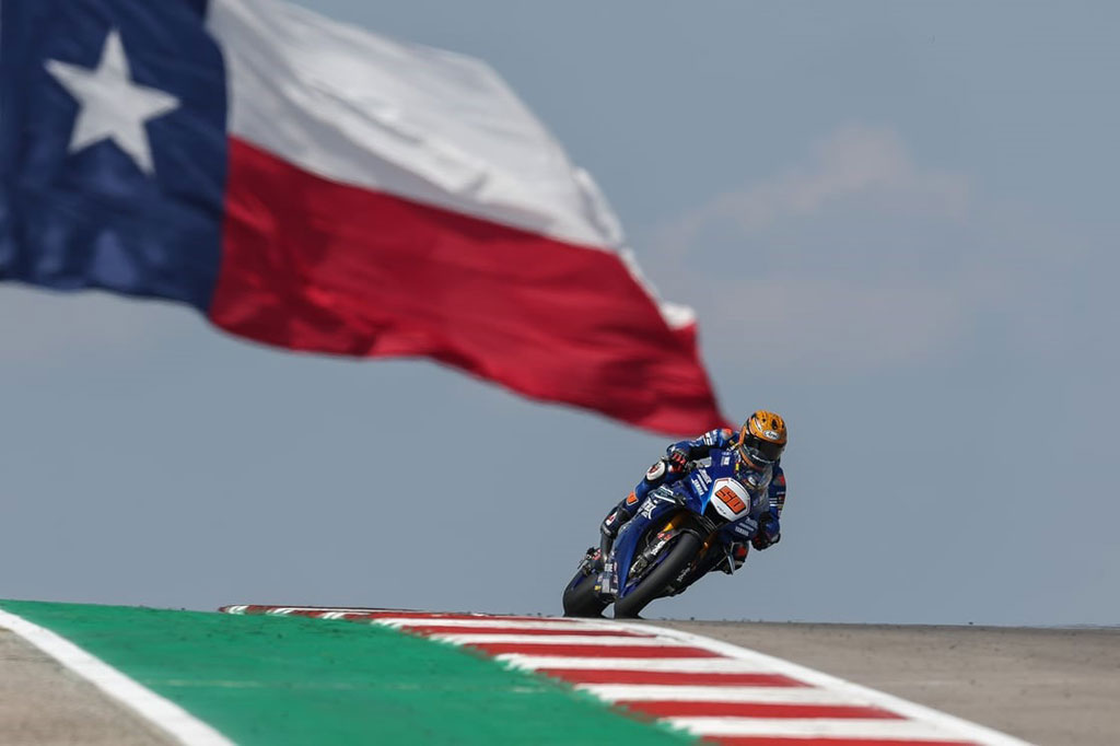 Attack Performance Progressive Yamaha Racing’s Bobby Fong crosses the line third in a heavyweight fight to the finish in MotoAmerica Superbike Race 1 at COTA