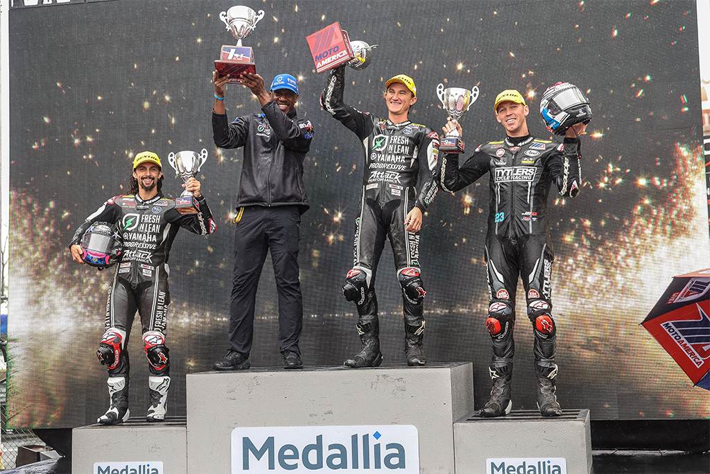 Fresh N Lean Progressive Yamaha Racing’s Jake Gagne and JD Beach score a stellar 1-2 finish in the opening race of the MotoAmerica Superbike season finale at New Jersey Motorsports Park