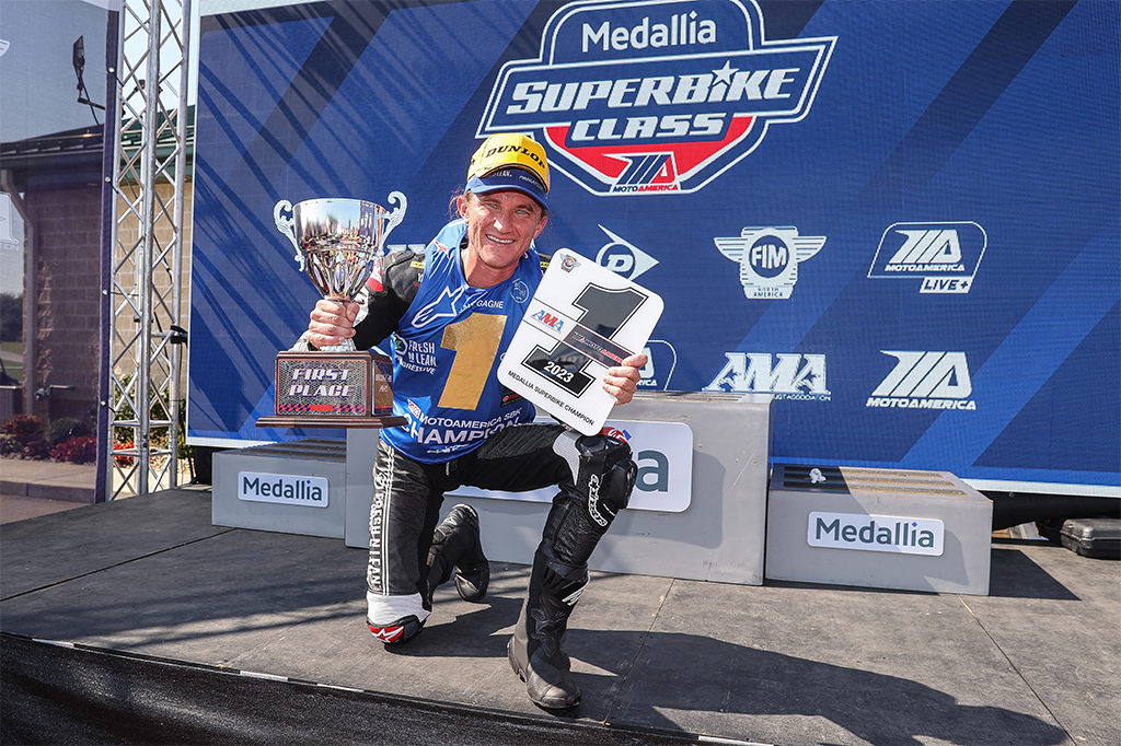 FOR IMMEDIATE RELEASEGagne Crowned 2023 MotoAmerica Superbike ChampionFresh N Lean Progressive Yamaha Racing’s Jake Gagne clinches third-consecutivepremier-class championship with a sweep of the MotoAmerica Superbike tripleheader atPIRC
