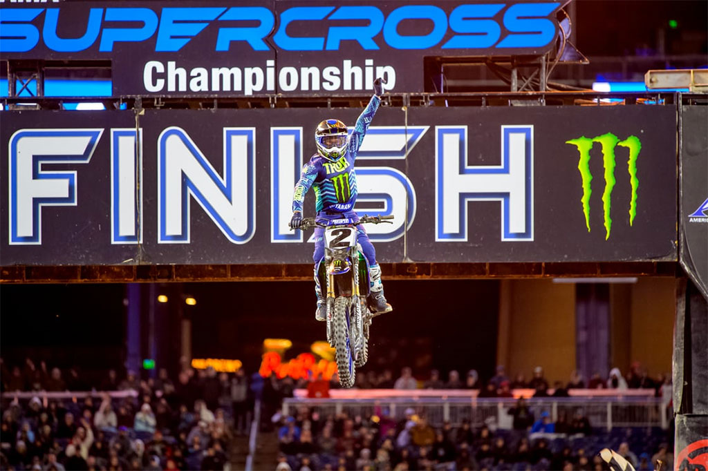 Monster Energy Yamaha Star Racing’s Cooper Webb takes a wire-to-wire victory at Foxborough Supercross to tie for the lead in the hotly contested 450SX Championship