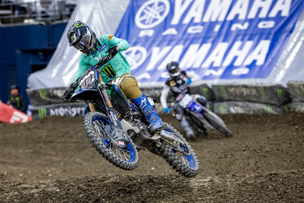 Monster Energy Yamaha Star Racing’s Cole Davies earns first 250SX victory, with Haiden Deegan joining him on the podium in third and expanding his championship lead