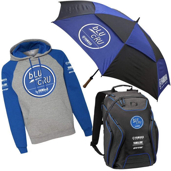 BLU CRU hoodie umbrella and backpack shown